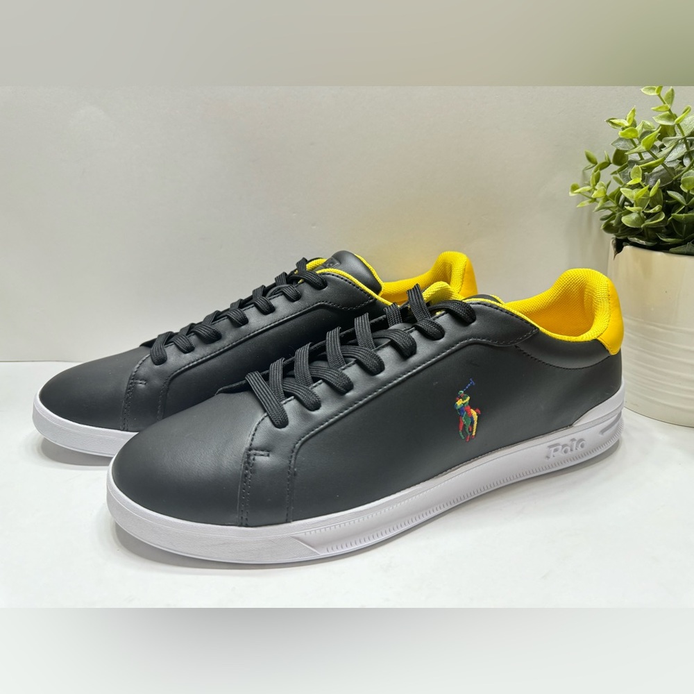 NEW Polo Ralph Lauren Heritage Court II Men’s Leather Sneakers Black Yellow 13